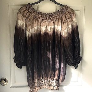 Ombré brown/tan neutral on/off the shoulder smocked top
